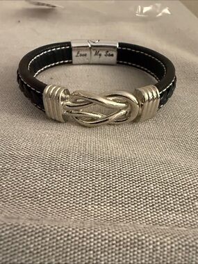 Men's Black Leather Bracelet with Silver Knot Accent from dad to son